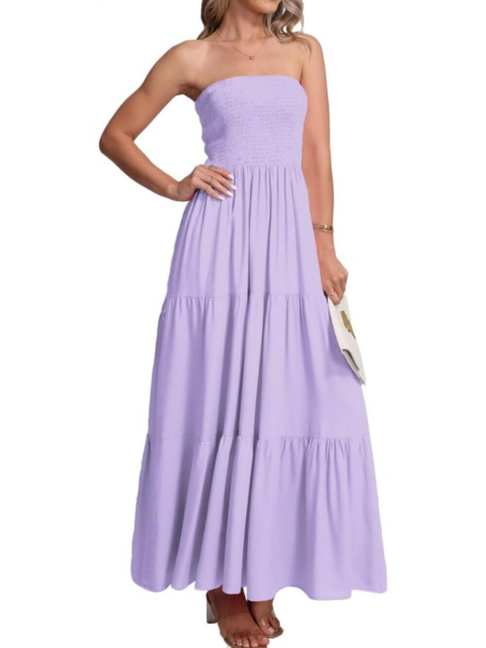 Women's Light Lilac Casual Off Shoulder Strapless Tube Top Beach Maxi Dress - Picture 2 of 6